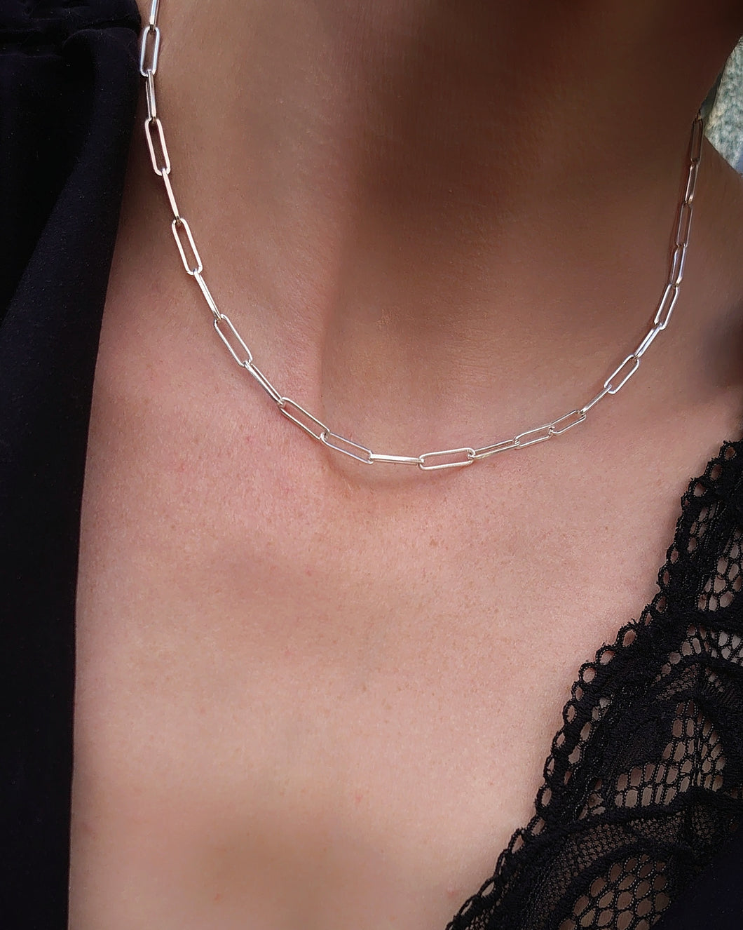 STERLING SILVER PAPERCLIP NECKLACE - RECTANGLE CHAIN LAYERING NECKLACE