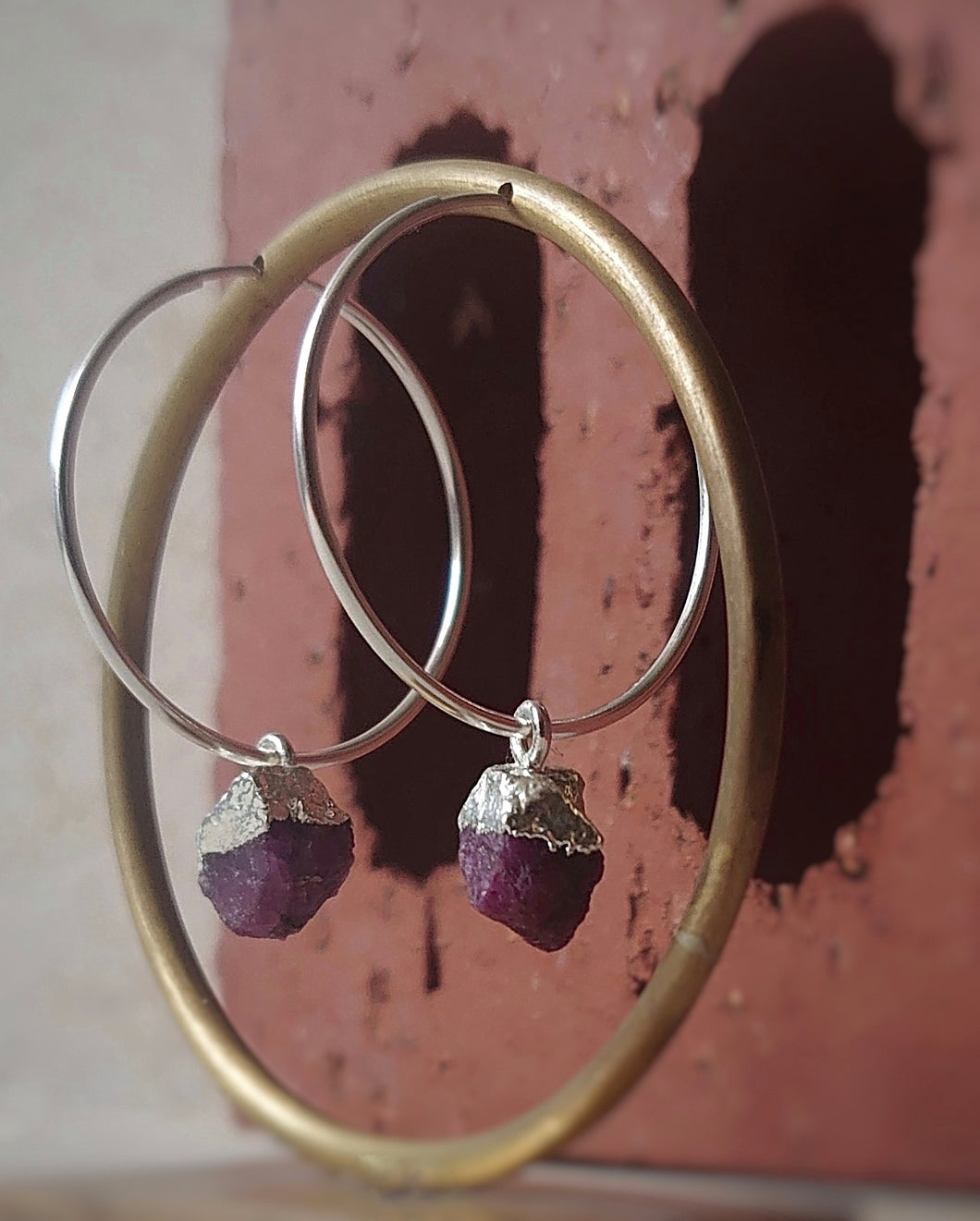 STERLING SILVER HOOP EARRINGS WITH RUBY DROP