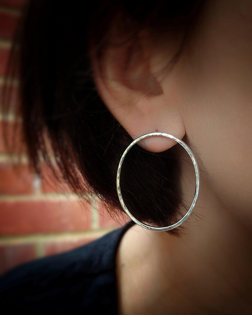 RECYCLED SILVER BIG OVAL EARRINGS - FRONT FACING SILVER HOOP EARRINGS