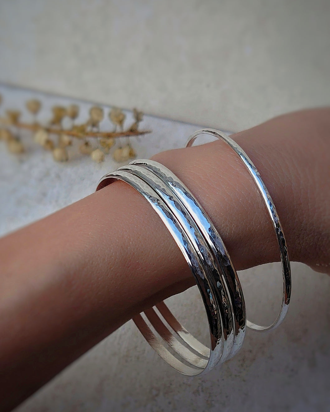 RECYCLED STERLING SILVER HAMMERED BANGLES - 4MM WIDTH
